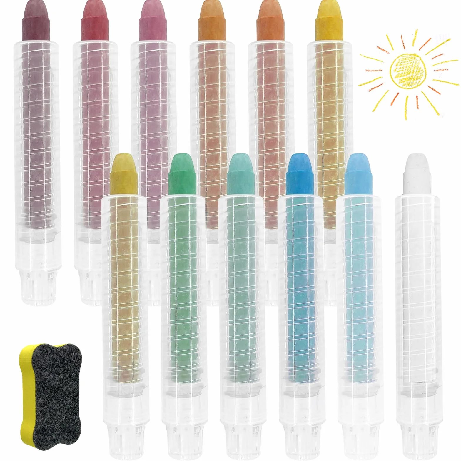 Sheryl&Rain Tizas sin Polvo,12 Piezas Tizas Gordas de Colores con 12 Portatizas Retráctil,Tiza de Colores Tiza Suelo Para Niños Lavable no Tóxica Para Escuelas Oficina y Hogar