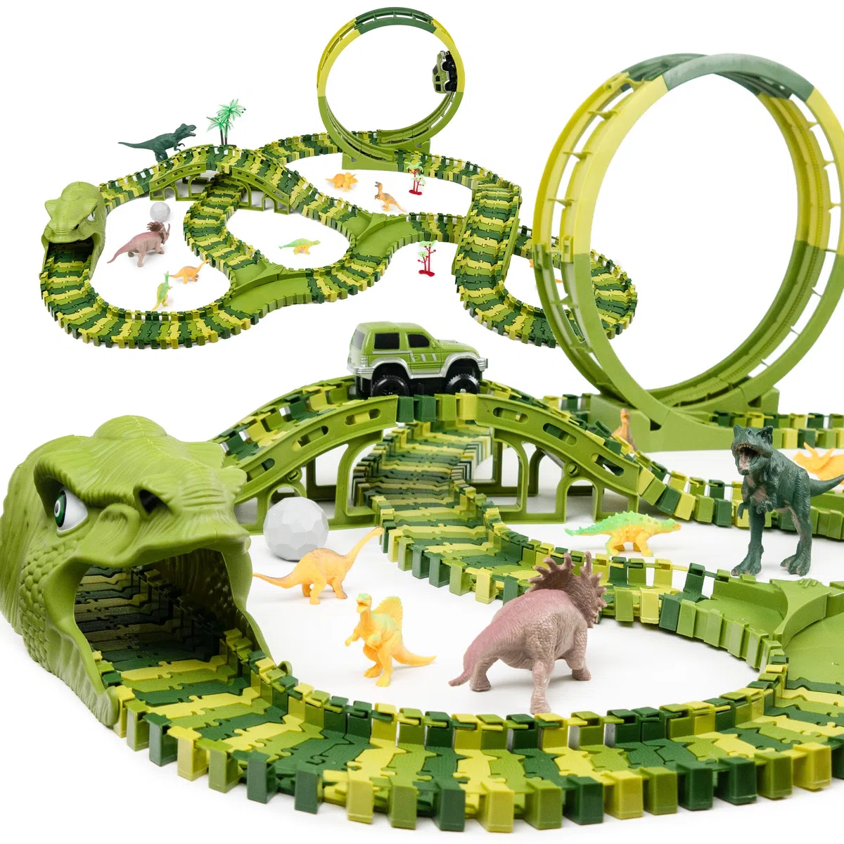 CELMAN Pista de Carreras de Dinosaurios – Juego de Pista de Carreras Flexible para niños, Juguete Creativo de Dinosaurio con Muchas Piezas y Todoterreno, Juguete de construcción educativa a Partir de