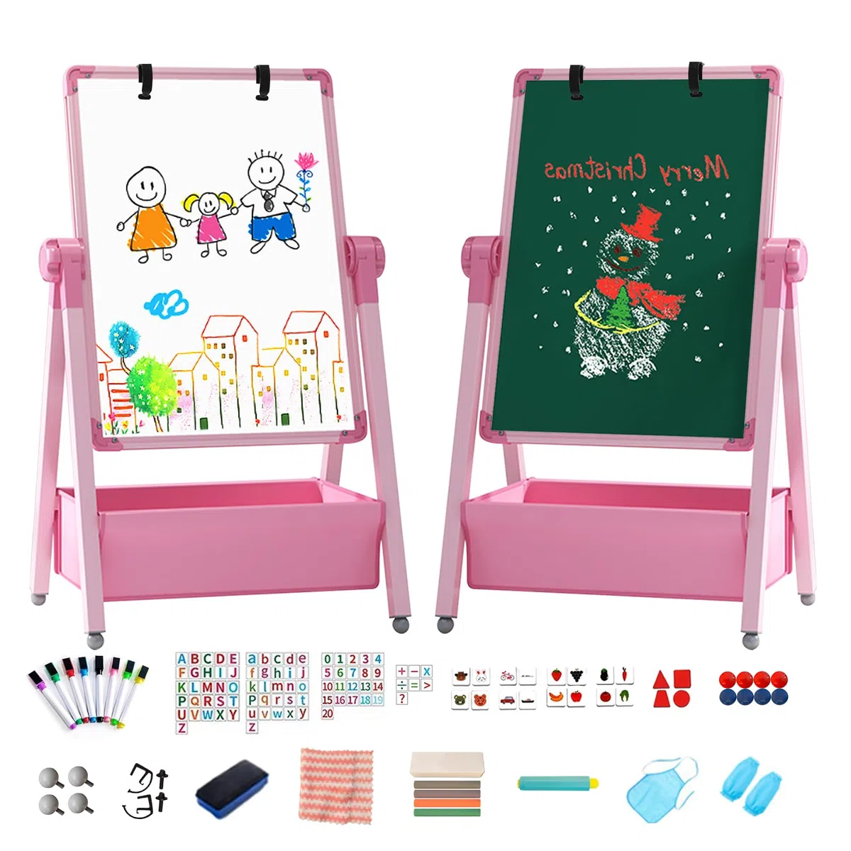 Caballetes para Niños 3 en 1 Pizarra Caballete Pintura Infantil de Doble Cara Plegable con Altura Ajustable Giratoria 360°, Pizarra Independiente con Caja de Almacenamiento para niños y niñas