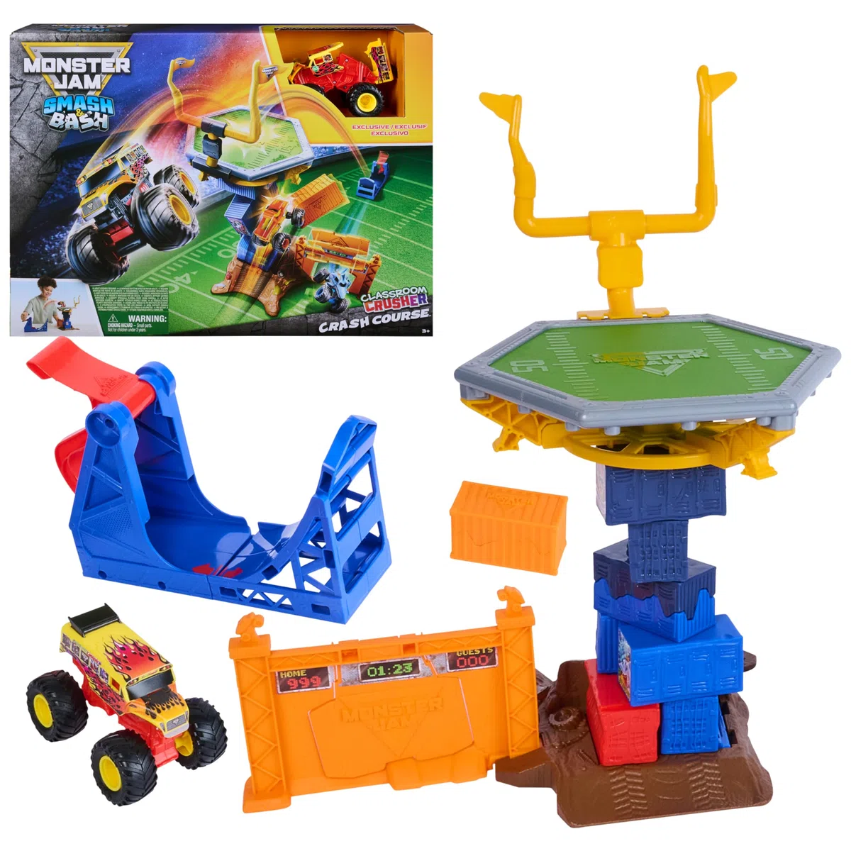 Monster Jam Smash & Bash Crash Course Playset with Launcher, Exclusive 1:64 Scale Monster Truck, 16-Inch Obstacle Tower with Trampoline, Kids Toys for Boy and Girls Ages 3 and up