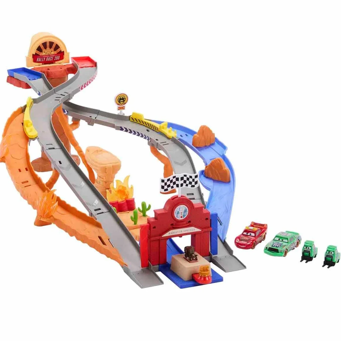 Mattel Disney Pixar Cars Rescate a toda máquina en Radiador Springs Circuito de carreras de rescate Conjunto con Rayo McQueen y Chick Hicks con 2 vehículos del equipo de Pitties, JFL57