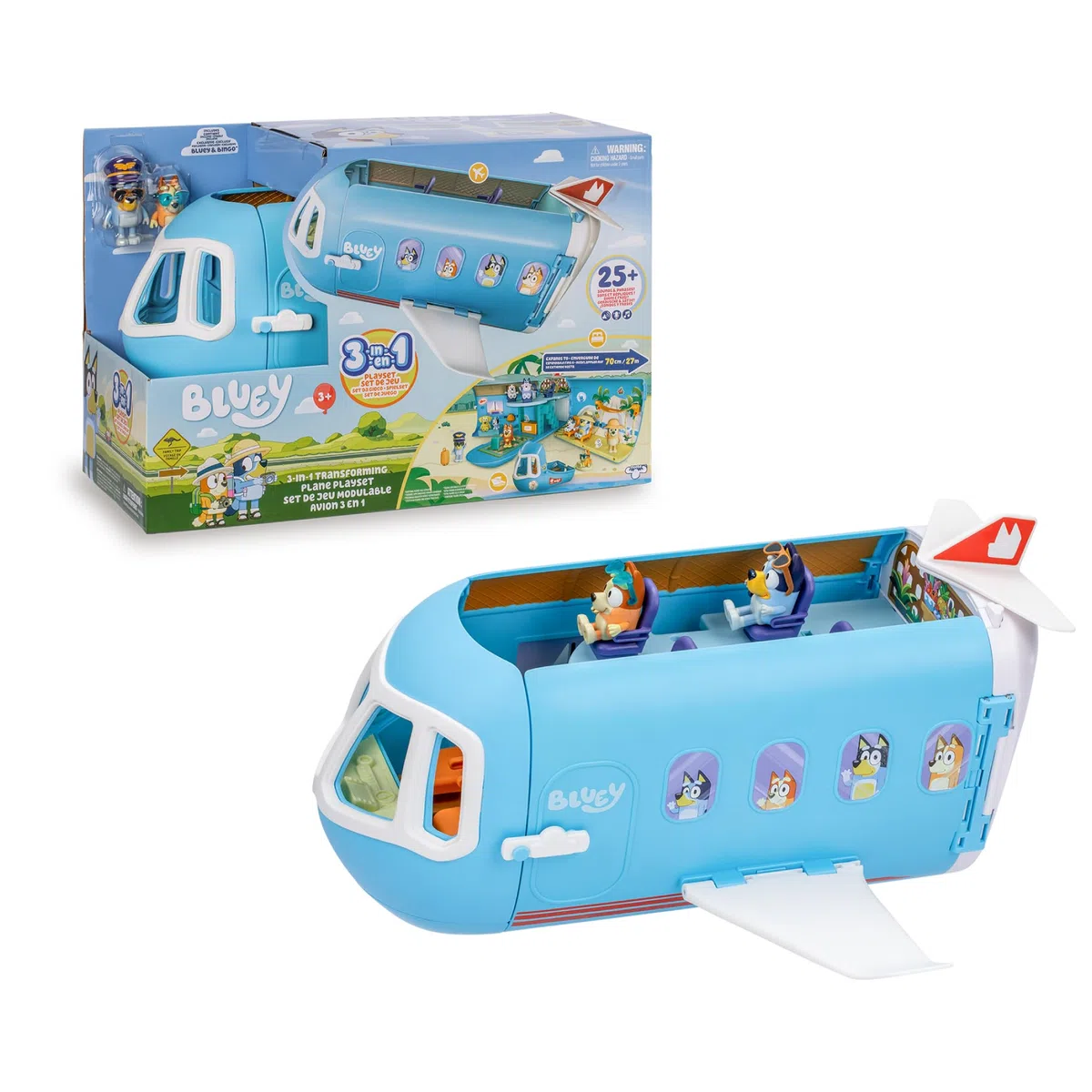 Bluey - Avión 3 en 1, Piloto y Bingo se Van de Vacaciones y el Avión Convierte en Hotel, Barco y en Playa, 10 Accesorios Incluidos, Juguete con Sonidos, +3 años, Famosa (BLY75000)