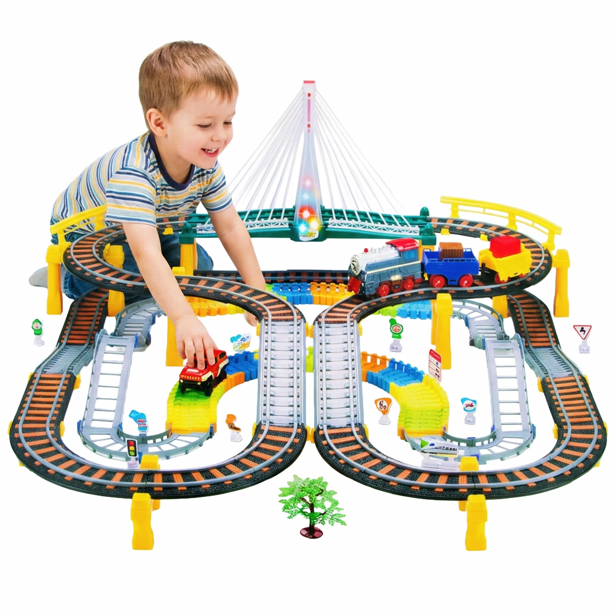 Kinderplay Tren Electrico Juguete niños con Pista de Carreras para niños, vías férreas, vías para Coches, Tren a batería, 2 en 1 KP0635