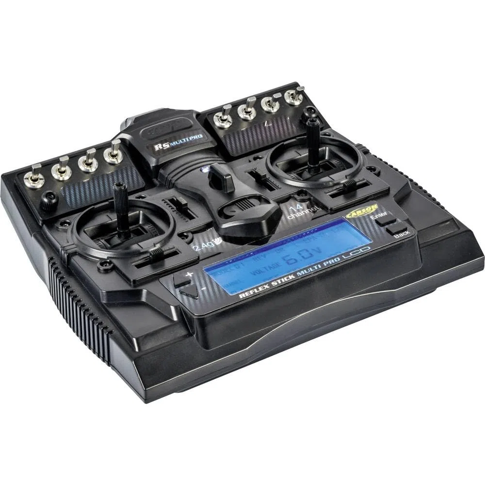 Carson 500501004 FS Reflex Stick Multi Pro LCD 2.4 GHz – 14 Canales Control Remoto Mando a Distancia con Receptor para vehículos de construcción de maquetas como Coches RC y Barcos