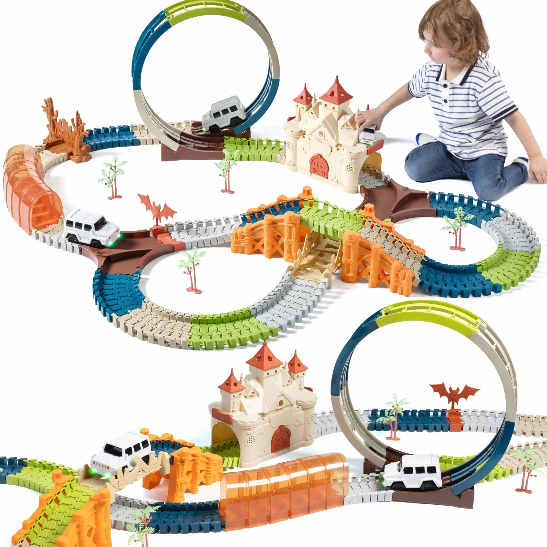 TUMAMA KIDS Coche Eléctrico de Juguete Circuito Automático de Coches Puente y Túnel 202 Piezas Juego de Pista de Coches Regalo de Cumpleaños para Niños de 3 4 5 6 Años