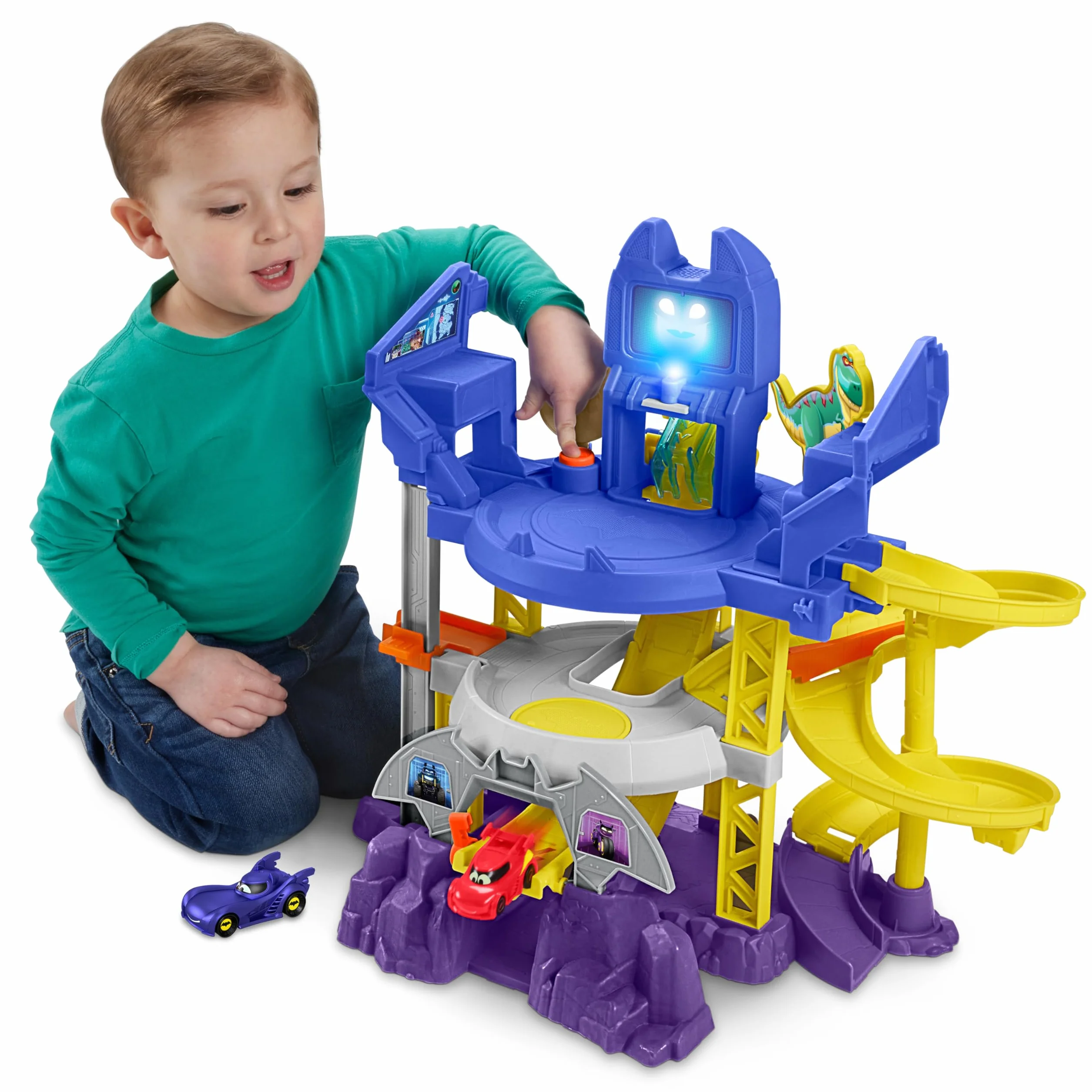Fisher-Price Batwheels Batcueva, Pista para coches de juguete con luces y sonidos, incluye a Bam el Batmóvil y a Redbird, inspirado en la serie, juguete regalo para niños y niñas +3 años, HRJ21