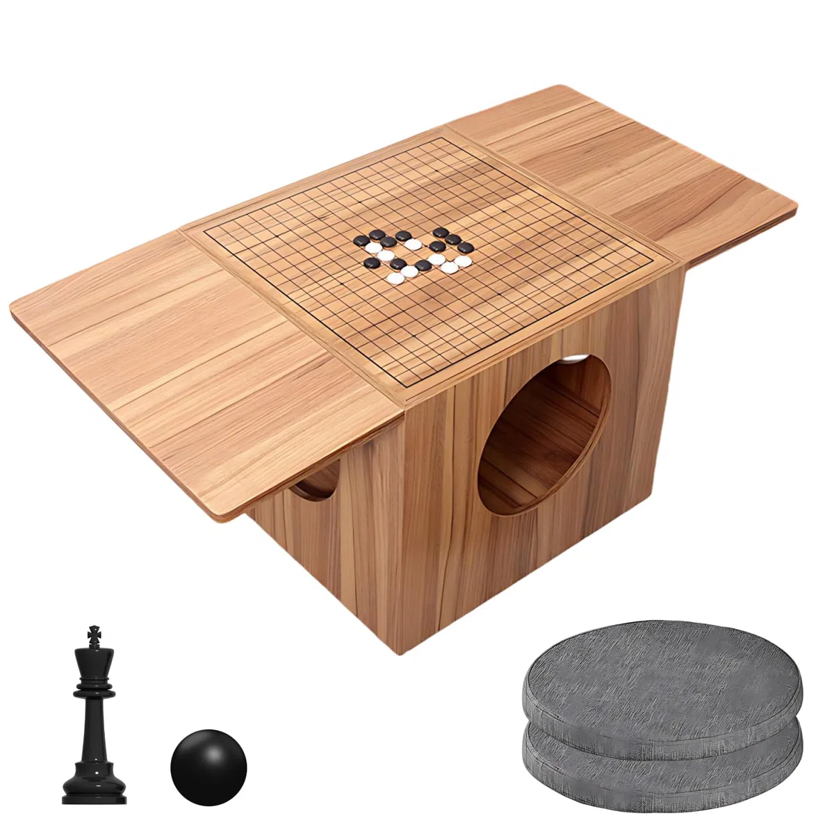 Juego De Mesa 2 En 1 De Ajedrez Y Go, Mesa De Doble Cara Ajedrez Go, Tablero De Madera 454×454 Mm, Almacenamiento Circular De 4 Lados para Piezas, Mandos, Libros, para Juegos Familiares F