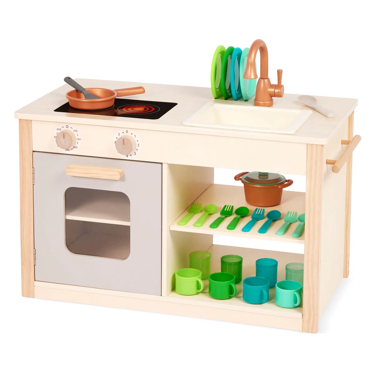 Battat - Two n' One Cookin' Fun - Play Kitchen & Market - Tamaño adecuado para niños pequeños - Menú de pizarra y esferas de horno - 25 Accesorios de cocina de juguete - 2 años +