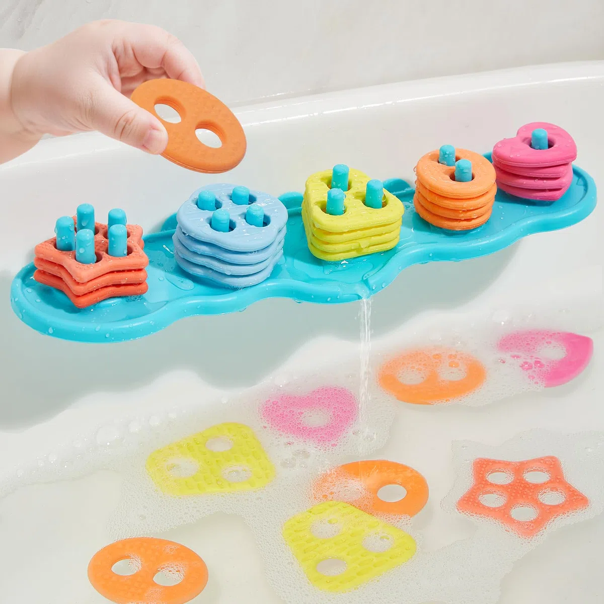 AMCHSURI Juguetes de baño para niños de clasificación de colores y apilamiento de formas | 20 piezas de silicona clasificador de formas y juguete de baño apilable para niños pequeños | Juguetes de