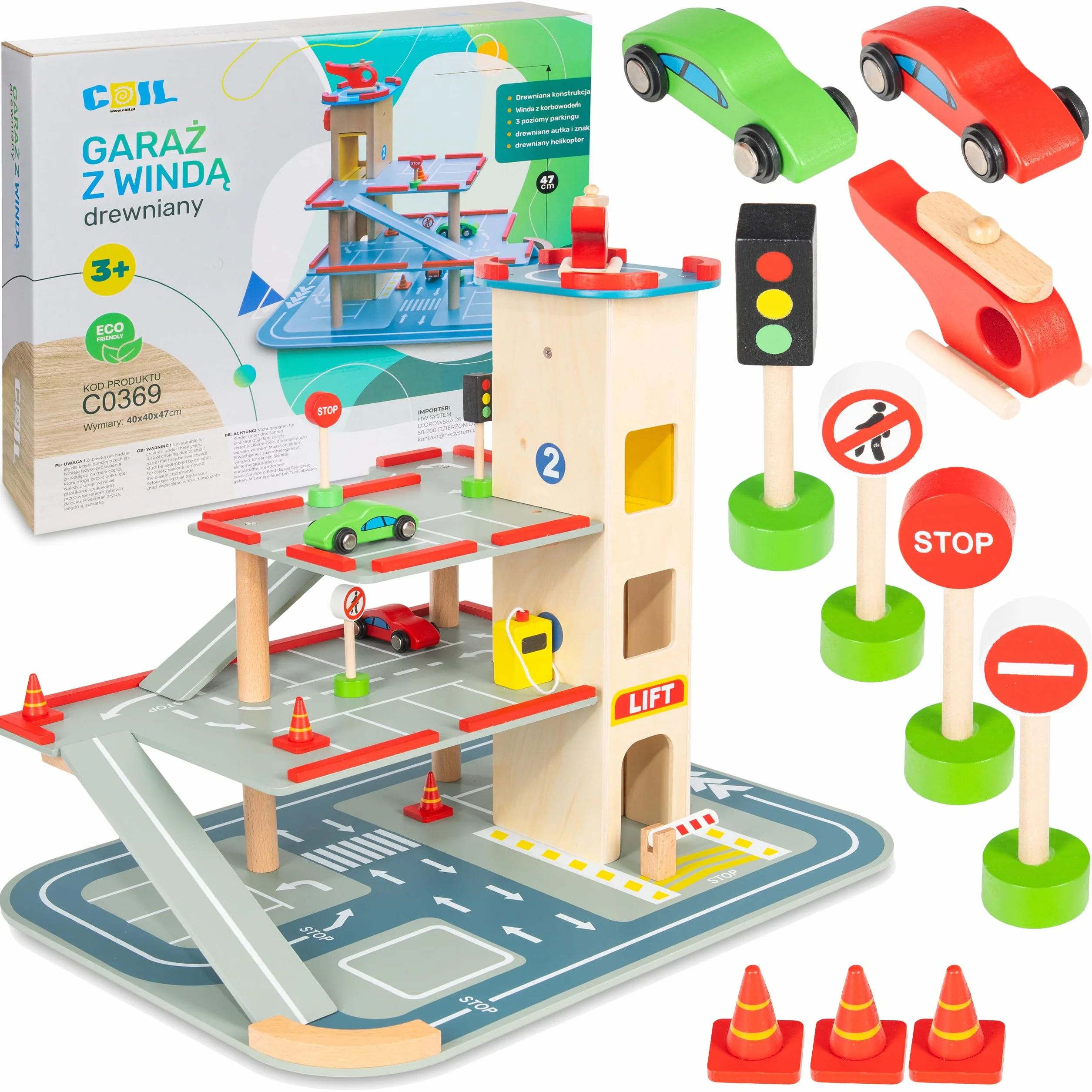 COIL Estacionamiento para Niños de Madera a Partir de 3 - Juguete Educativo S.T.E.M. - Garaje de Aparcamiento con Ascensor, Coches y Accesorios de Juguete