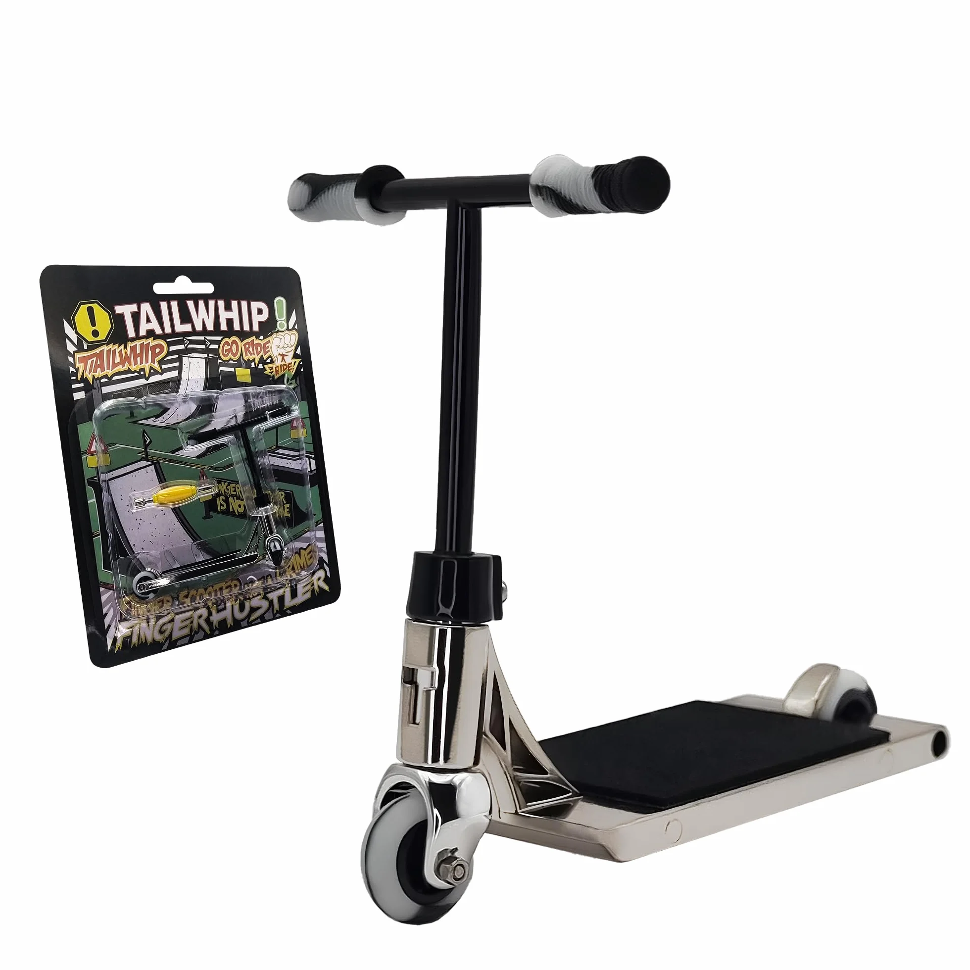 TAILWHIP Finger Scooter de Metal para Acrobacias Asombrosas, Mini Patinete Juguete Que Desarrolla la Motricidad Fina, Compatible con Finger Tech Skateboard Skatepark Bike BMX, Cromo