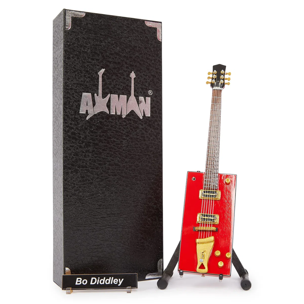 Axman Bo Diddley - Réplica de guitarra en miniatura - Regalos musicales - Hecho a mano ornamental escala 1/4 - Incluye una caja de exhibición, etiqueta de nombre y soporte de guitarra en miniatura