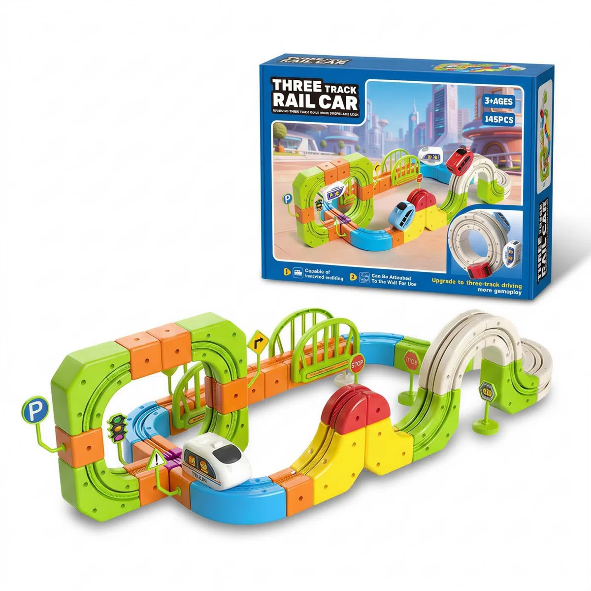 Tren Electrico Juguete Niños, 3D Pista de Coches para Niños Anti-Gravedad, Circuito Electrico para Niños Kit Type-C, Juegos Regalo para Niños Niñas 3 4 5 6 7 8 Años (145 Piezas - Pista 3D)