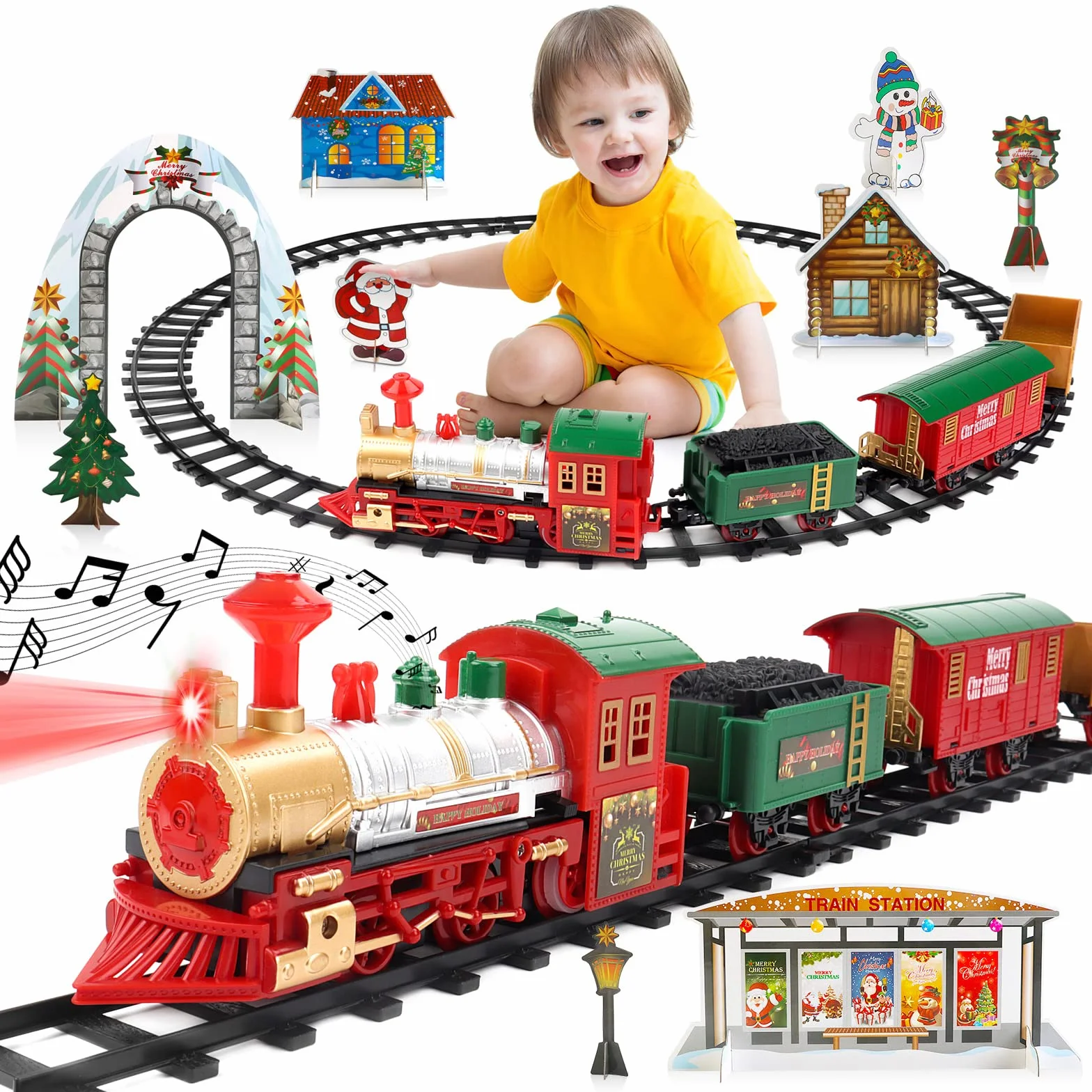 deAO Tren Clásico Infantil con Luces y Sonidos Conjunto Navideño de Vías, Locomotora y 3 Vagones Tren de Juguete Electrónico Decoración de Navidad
