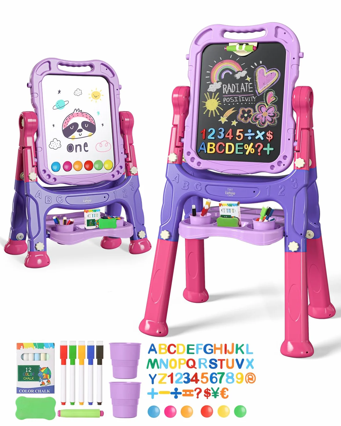 Lehoo Castle Caballete para Niños, Caballete de Arte 4 en 1 de Doble Cara con Pizarra Magnética y Pizarrón, Pizarra Infantil, Juguetes Niños 3 Años(Púrpura)