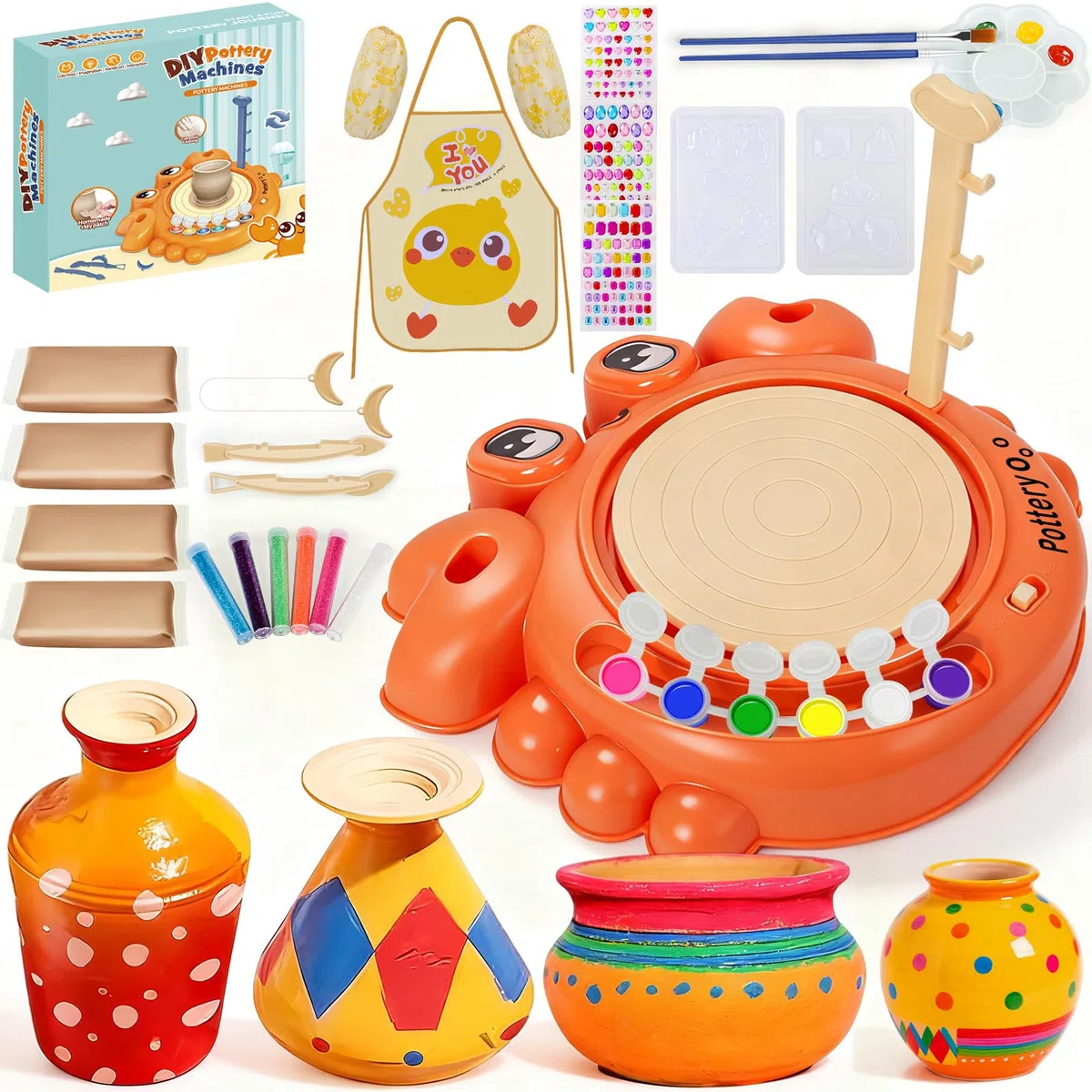 Kit Cerámica para Niños, Torno Alfarero Eléctrico, Arcilla, Colores, Delantales, Adecuado para Niños Mayores de 6 Años y Principiantes