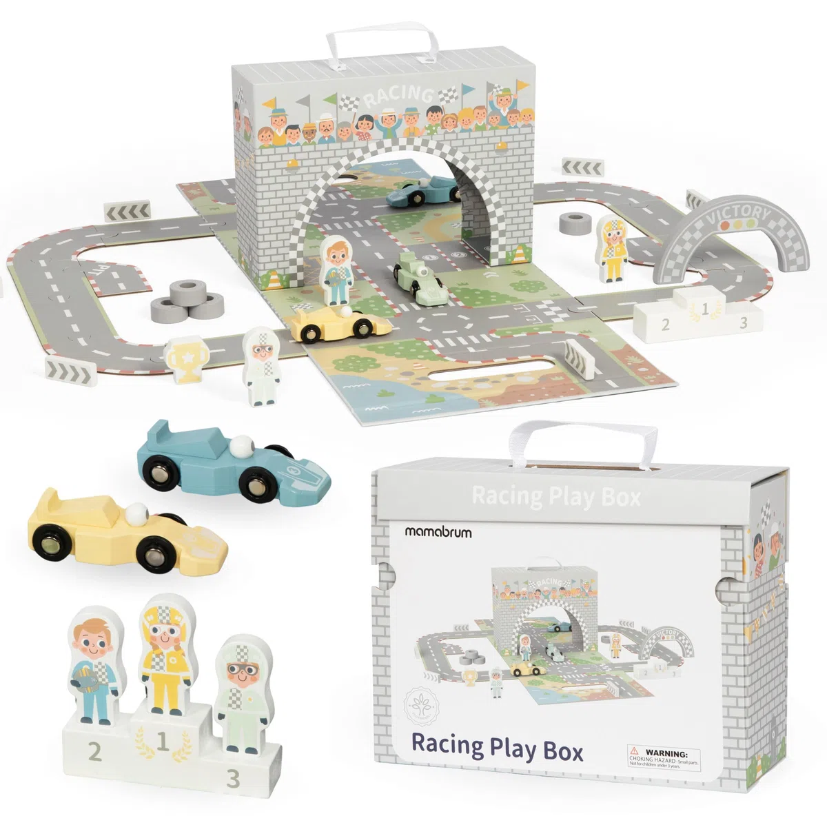 Mamabrum Pista de Coches para Niños 3 Años - Maleta Magnética con Circuito Carreras, 3 Vehículos Madera y Accesorios - Juguete Educativo Plegable con Escenarios