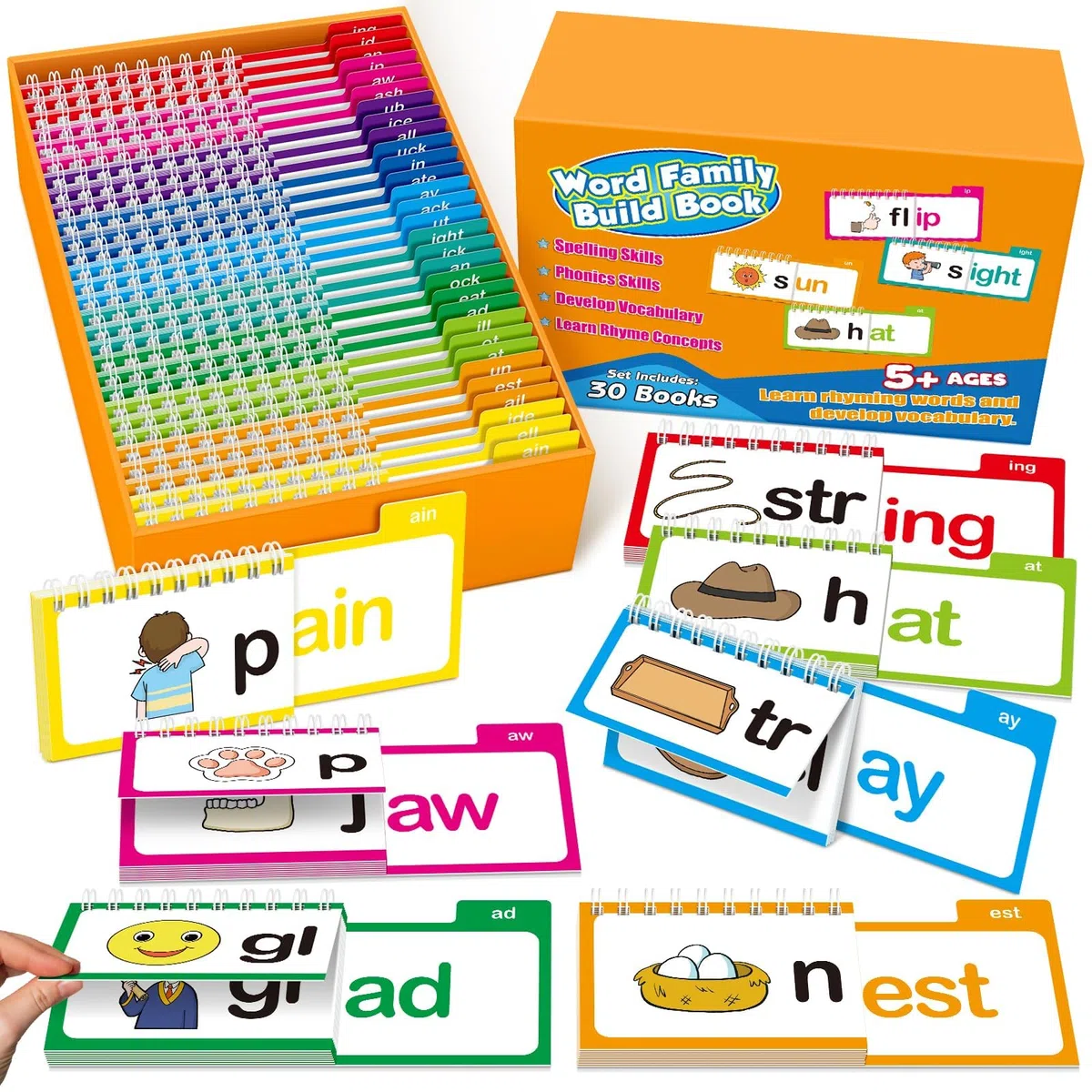 Libro de construcción familiar de 30 palabras para aprender a leer tarjetas flash fonética, leer hechizos y rimas, juegos de rimas para niños, suministros de escuela en casa, actividades de