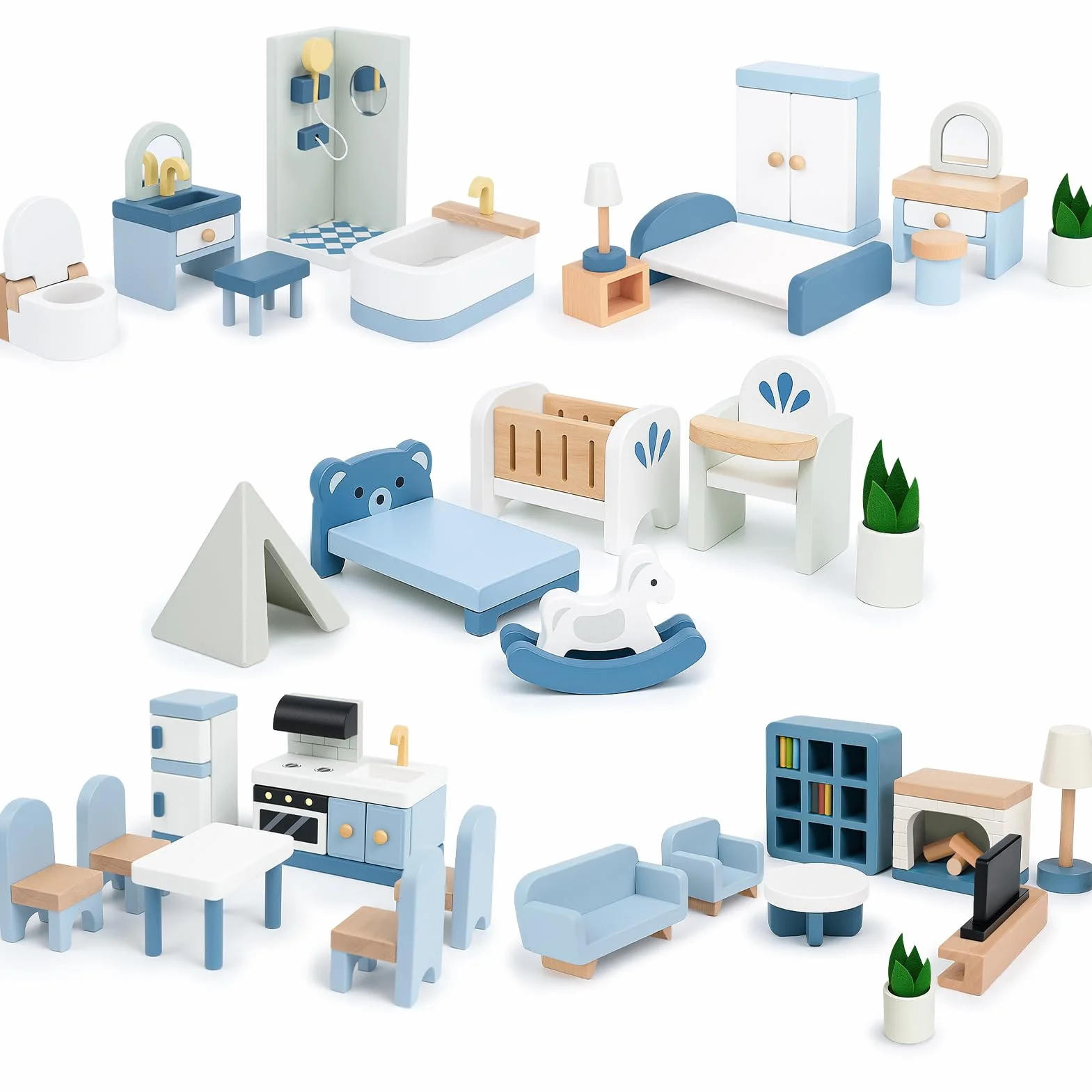 Juego de muebles de madera para casa de muñecas, 32 piezas, accesorios y muebles Sanlebi, muebles en miniatura con 5 kits de habitaciones, juguete de simulación para niños y niñas de 3 años en adelant