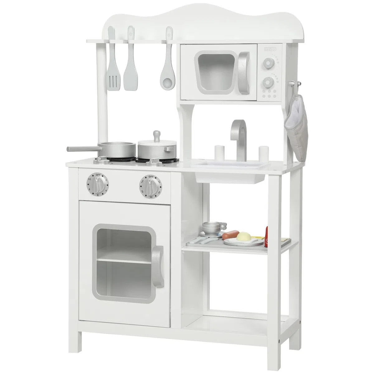 AIYAPLAY Cocina de Juguete de Madera con Sonido Cocinita Infantil con Accesorios, Fregadero, Microondas y Fogón, Juguetes para Niños Desde 3 Años, 55x24x86 cm, Blanco