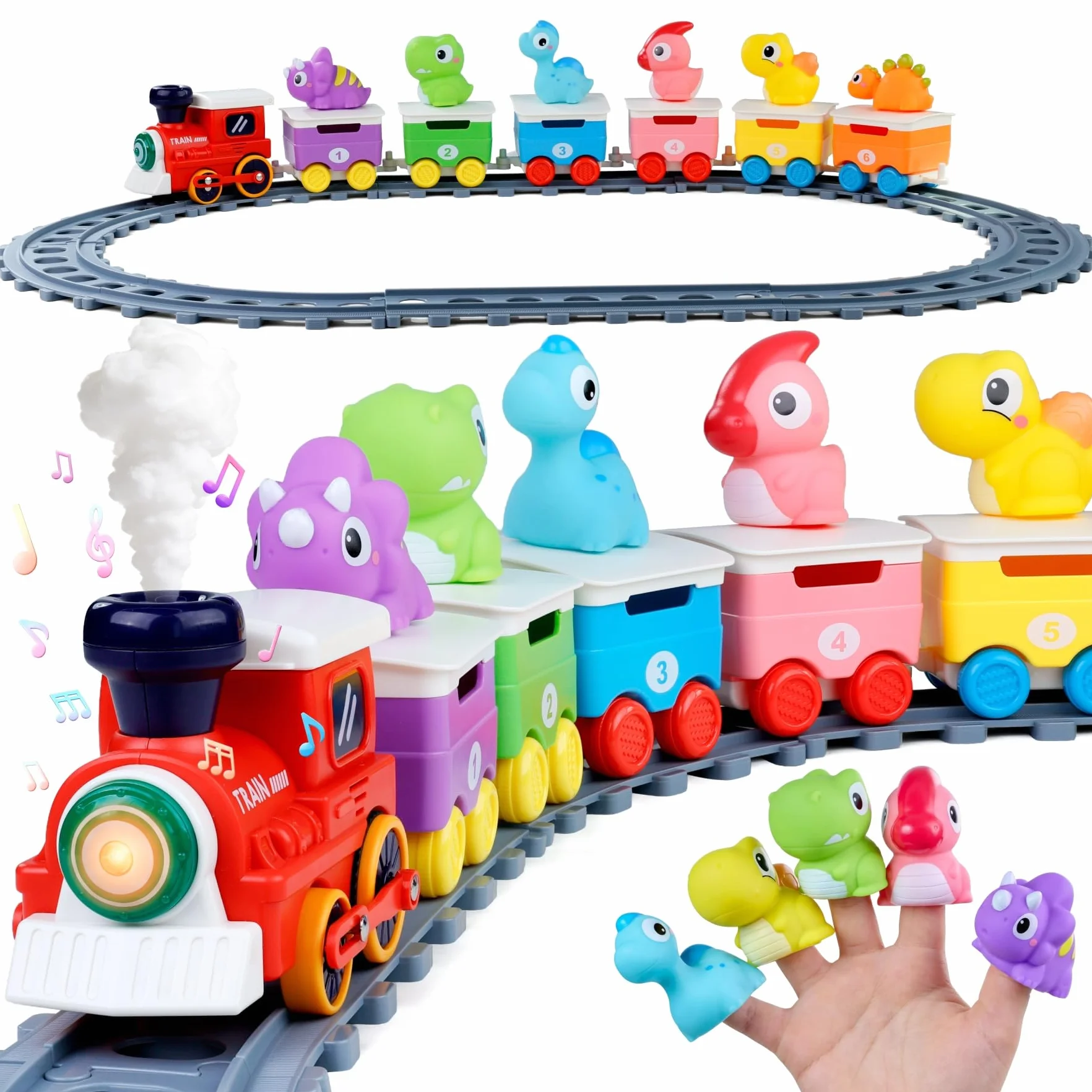 Tren con Vías, Luces y Efecto Vapor, Marionetas de Dedo Dinosaurio, Juguetes Montessori Sensoriales, Juego Educativo para Niños de 2 Años, Regalo 1-3 Años