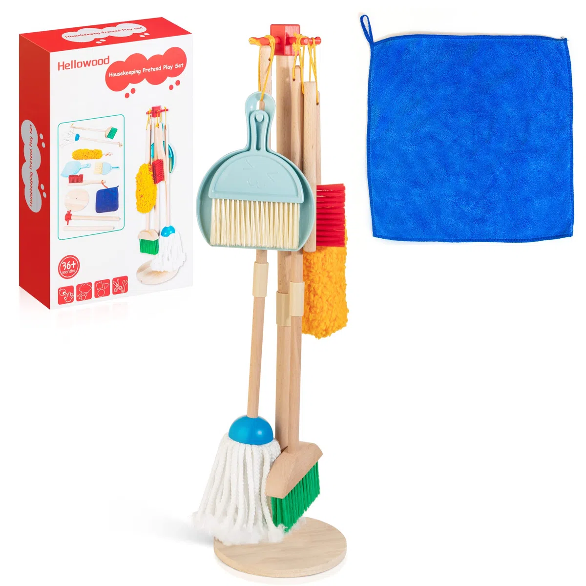 Juego de Limpieza para Niños de Madera, 8 piezas Juguete para el Hogar Juego de Simulación con Escoba Trapeador Recogedor Cepillos Trapo Escoba de Mano Juguete de Limpieza para Niñas Niños de 3-6 Años