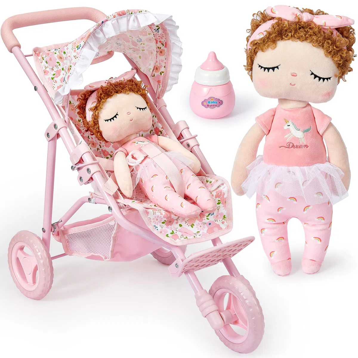 G.C Carrito Bebe Juguetes para Niñas con Muñeca de Trapo 34 cm, Carrito Muñecas 55 cm, Plegable Asa Ajustable, Sombrilla, Carrito Muñecas Juguetes Regalo Ideal para Niña 3 4 5 6 7 8 Años
