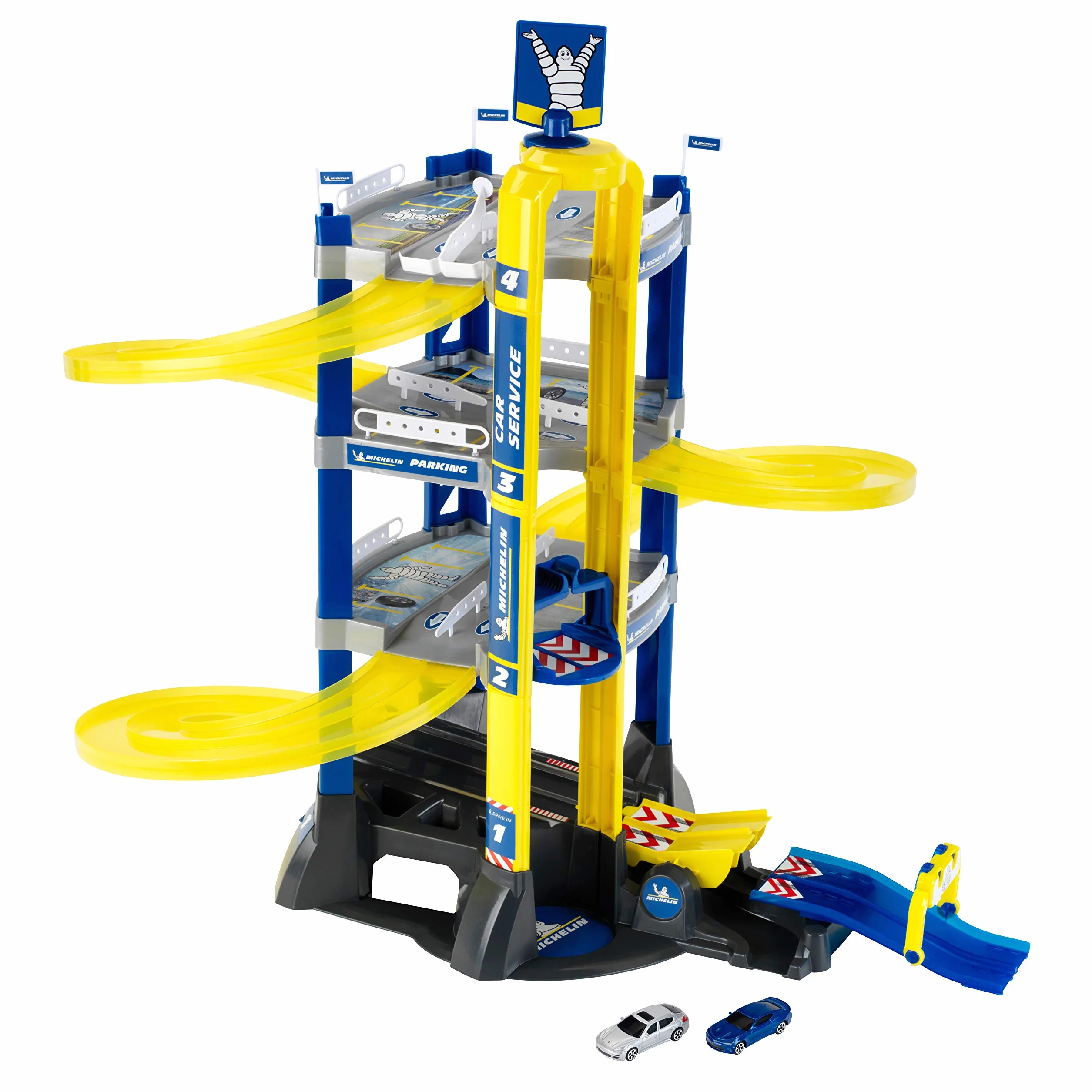 Theo Klein 3400 Aparcamiento de 4 Plantas Michelin Service I Garaje Que Incluye Coches, balancín y rampa I Medidas: 76,5 cm x 62 cm x 75,5 cm I Juguete para niños a Partir de 3 años