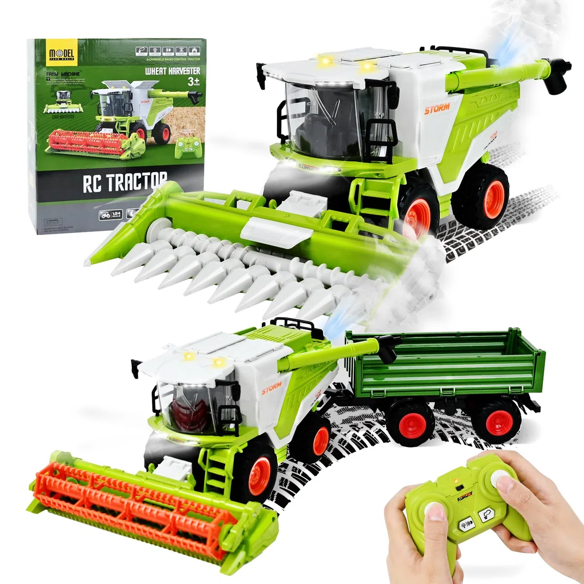 Joellfuner Cosechadora de Control Remoto RC Tractor Control Remolque, con Sonido Brillante y Función de Pulverización, Farmer Harvester Juguetes Incluyendo Remolque, para Niños Mayores de 3 Años
