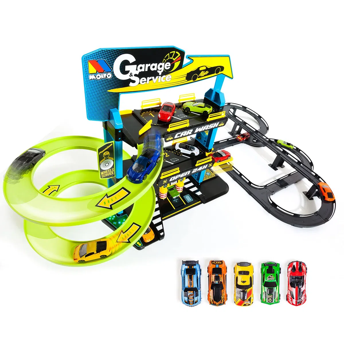 MOLTO | Parking Infantil de 3 Plantas con Accesorios y Pista Exterior, Parking Coches Juguete, Pista de Coches de Juguete, Juguetes Niños + 3 Años, Garaje Coches