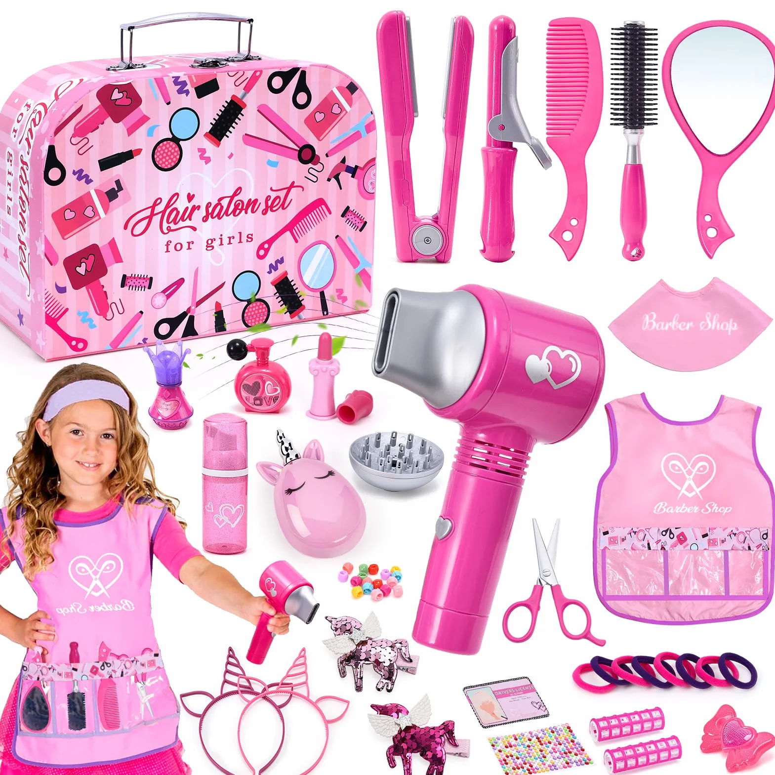 Set Peluqueria Juguetes Niña con Secador de Pelo Rizador Peine Espejo Delantal Capa y Accesorios Pelo Peluqueria Maletin Maquillaje Juguete Juego de Simulación Regalo para Niñas 3 4 5 6 7 8 Años